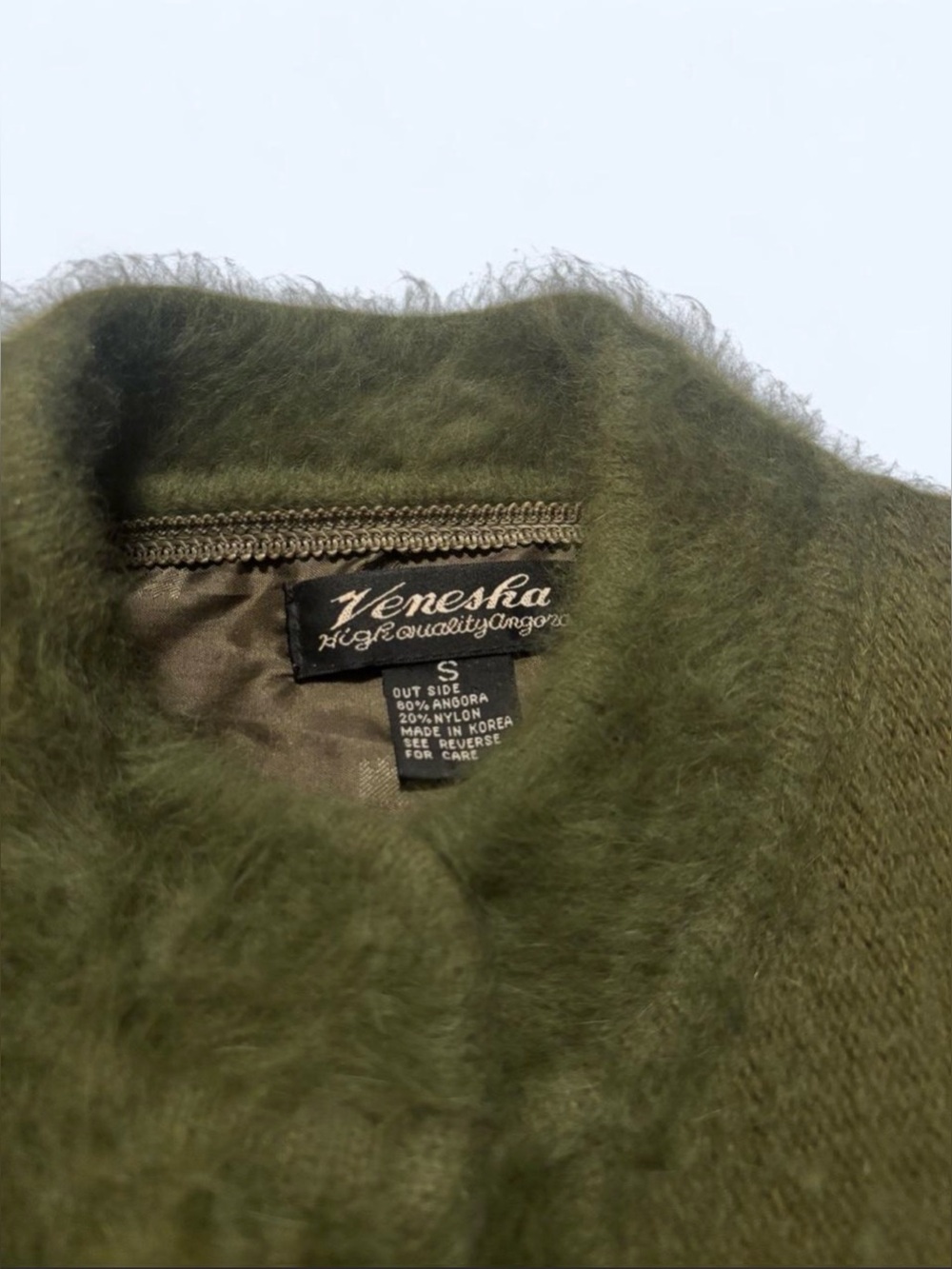 Vintage Venesha Angora Knit Cardigan Jacket Sweater Small Olive Green Fuzzy - Picture 6 of 7